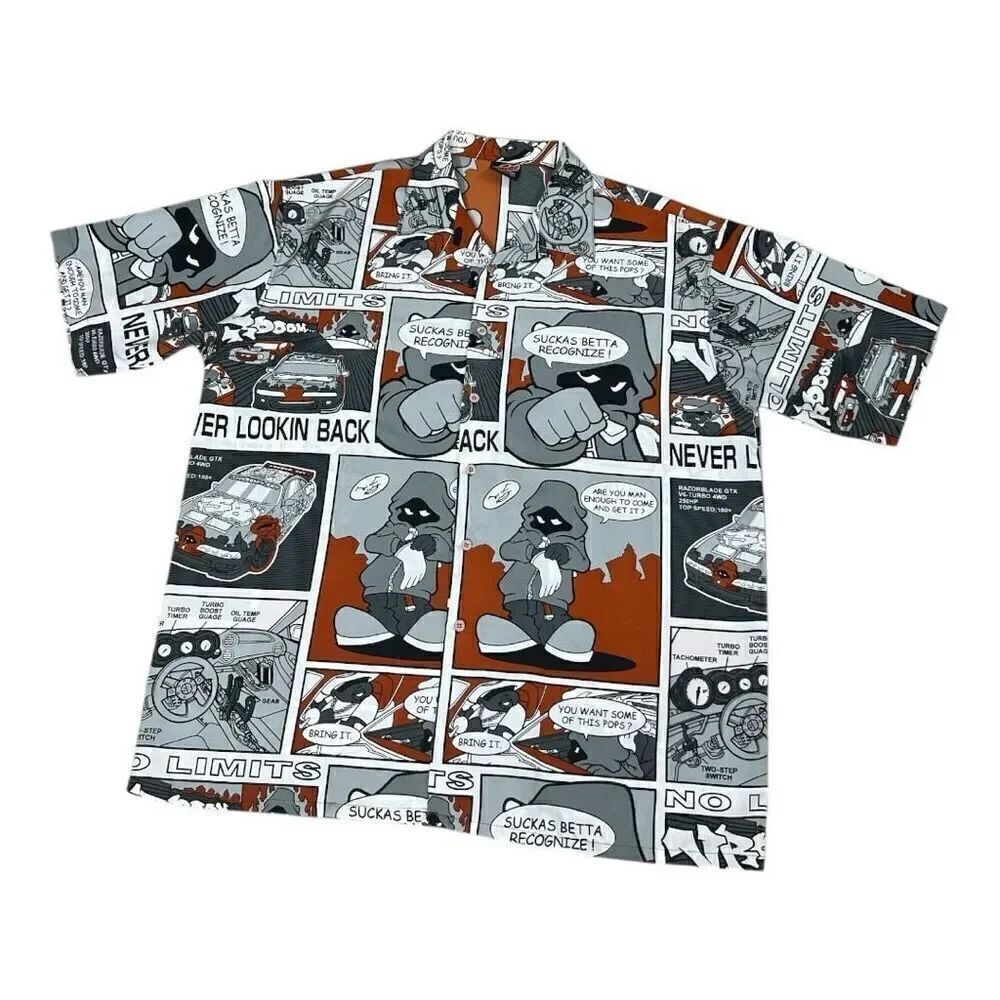 Diss Shadow Men Button Up Hip Hop B-boy All Over Graphic 90’s Shirt XL Brown
